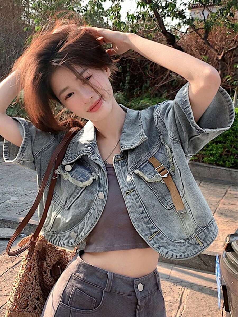 Áo khoác denim tay ngắn thời trang cho nữ, áo sơ mi ngắn tay dáng rộng mùa hè mới có cổ - Màu xanh lam - Xem 1