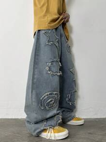 1 件复古美式刺绣磨边阔腿宽松休闲牛仔裤（不含腰带和配饰） - 藍色 - 查看 5