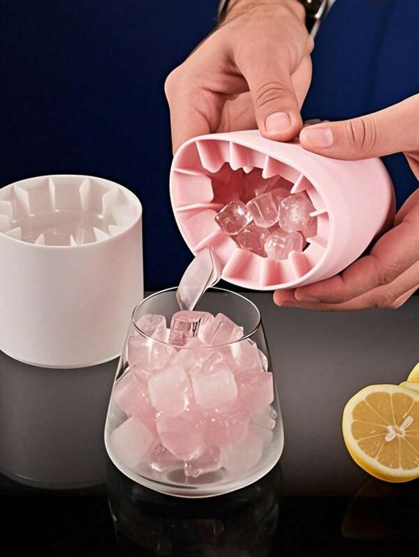 1pc Pink Silicone Portable Ice Mold, Cylinder 3D Ice Cube Maker, Easy-To-Release Silicone Ice Tray, With Multiple Compartments And Simple Bucket-Shaped Design With Lid, Reusable Ice Maker,Suitable For Home, Bar, Club And Outdoor Summer Drinks, Ideal For Cocktails And Fruit , Kitchen Supplies