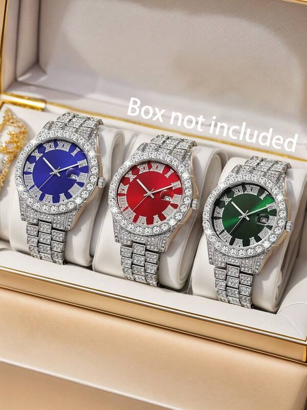 ساعة رجالية فاخرة، ساعة بسوار معدني مرصع بالراين ستون على طراز مصمم، بحركة كوارتز مزودة بتقويم قابل للتعديل، ساعة أنيقة ذات حركة دقيقة