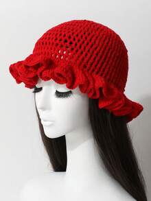 1 pieza Sombrero de cubo con volantes plisados de unicolor tejido a mano para mujer, diseño exagerado, gorro de invierno de moda