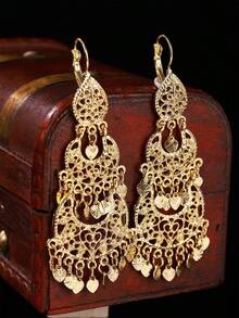 1 Pair Fashion Moroccan Earrings, Hollow Carved Moon & Heart Tassel Dangles For Arab Ladies, Daily, Wedding & Festivals - ER0459 Silver - View 5