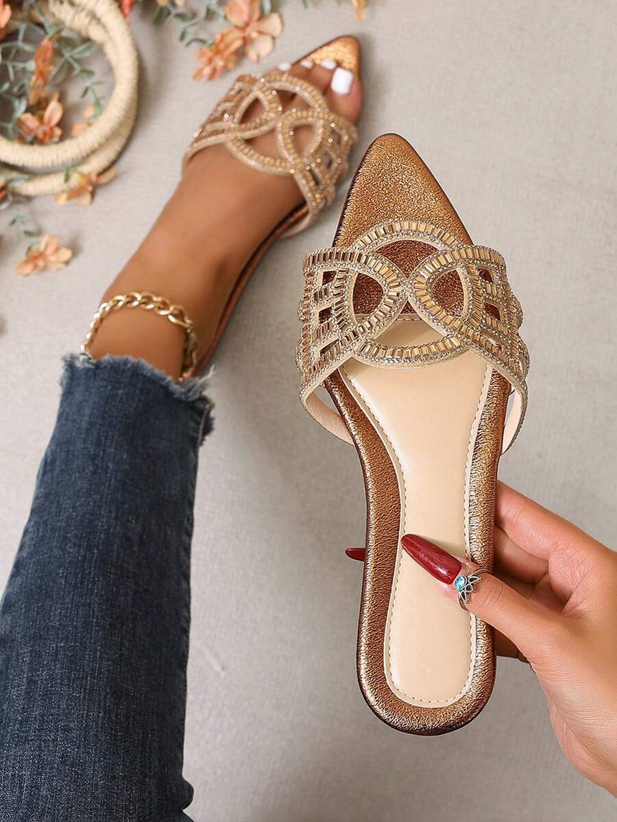Sandalias con puntera de rhinestone, nuevas sandalias slip-on planas de primavera/verano con estilo fashionable, sandalias tipo mulas de estilo romano casual para mujeres - Bronce - Ver 1