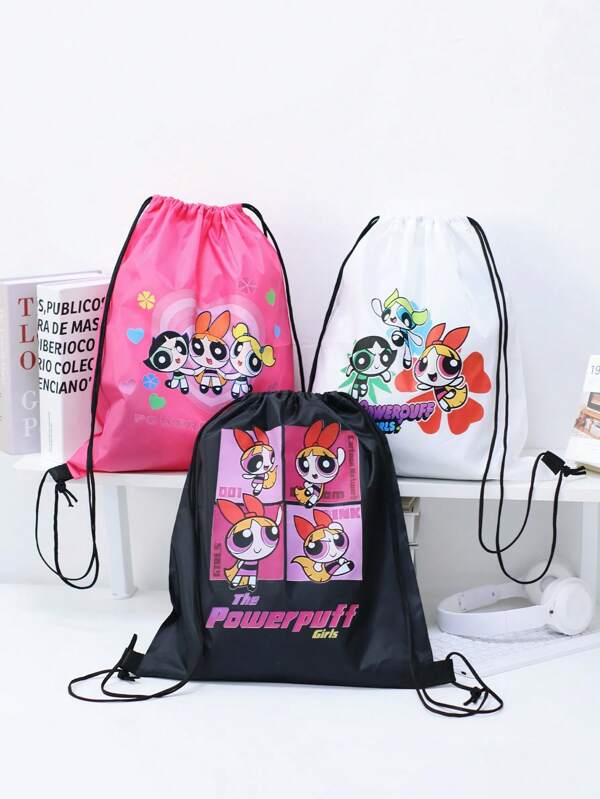 THE POWERPUFF GIRLS Cartoon Powerpuff Girls Drawstring Backpack Basketball Equipment Storage Bag, Waterproof High-Capacity Drawstring Tote Bag With Cartoon Police Girls Design