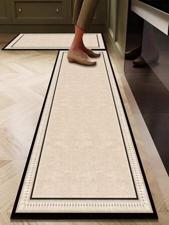 1pc Silica Gel Kitchen Mat, Premium Linear Color Block Gradient Pattern, Luxurious And Fashionable, Cushion And Anti-Fatigue Design, Waterproof And Dirt-Resistant, Approximately 3mm Thick, Can Be Trimmed To Custom Size, Simple Silica Gel Soft Rubber Mat, Durable And Comfortable, Front Fabric, Middle Foam, Bottom Rubber Material, Suitable For Kitchen, Bathroom, Entryway, Laundry Room And Other Spaces