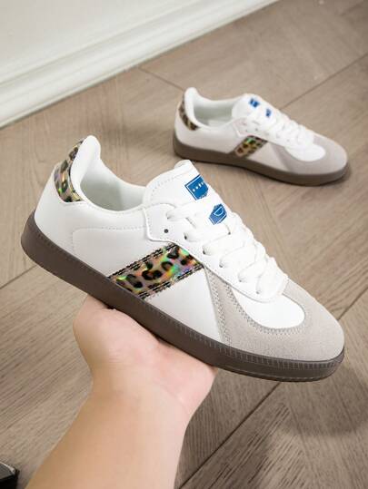 Leopard Print Couple Shoes, Women's Fashion Sneakers, PU Leather Casual Lace-Up Flat Shoes Men's Skateboard Shoes White Tennis Low-Top Shoes Women's White Casual Shoes Women's Casual Trainers