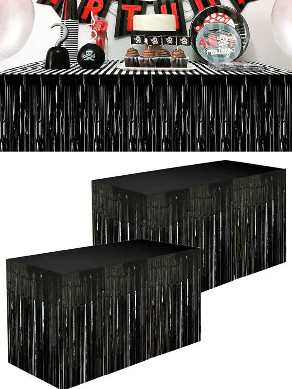 Decorațiuni de petrecere cu serpentine negre, fuste de masă negre de 29 * 108 in, beteală cu franjuri din folie metalică pentru absolvire, ziua de naștere, miercuri, amurg, vrăjitor, paradă plutitoare, consumabile pentru petrecere de Halloween