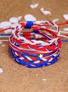 Set de 5 pulseras de cordón encerado impermeable, pulseras de amistad hechas a mano trenzadas con estrella de cinco puntas, para el Día de la Independencia y la playa