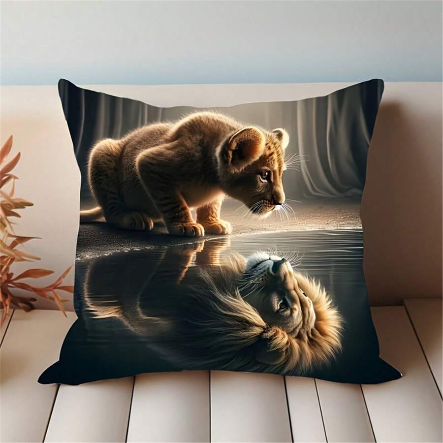 45x45cm 法国狮子印花抱枕套 - 可机洗针织面料，拉链开合，涤纶装饰靠垫套，适用于客厅、动物主题家居和卧室装饰，单面印花，建筑系列配件（不含枕芯），返校学生礼物