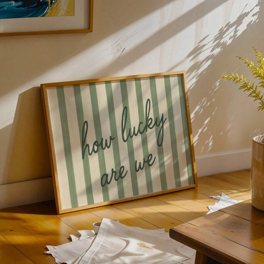 1pc, Unframed, How Lucky Are We - Green Striped Romantic Quote Poster, Lucky Love Print, Romantic Wall Art, Pastel Couple Gift, Emotional Home Art, Canvas Art For Living Room, Bedroom, Kitchen, Office, Cafe, Bar, Hallway, Home And Room Decoration