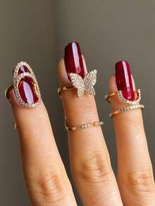 JLX.HARNESS 3件套锌合金微镶嵌锆石指甲套戒指，创意戒指套装 - 金色 - 查看 7