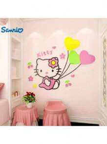 Sanrio 1PC Sanrio 3D Acrylic Wall Decal - Pink 3D Hello Kitty, Big Ear Dog Bedroom Decor, Anime Theme Wall Sticker For Room, Living Room, Bedroom Or Living Space, Cute Cartoon Design With Heart Shaped Embellishment, Hello Kitty Room Decor