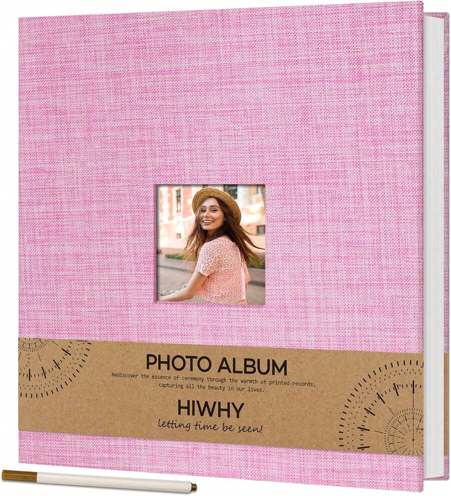 Large Photo Album Self Adhesive 4x6 5x7 8x10 Picture Book, Linen Scrapbook Album Book DIY Scrap Book With Picture Display Window With A Metallic Pen (30 Sheets/ 60 Pages, Pink) - Hot Pink - View 1