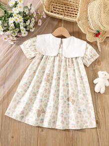Girl Summer Dress With Bear Embroidery, Short Sleeve Peter Pan Collar Knee Length, Sweet Young Lady Style