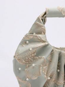 1pc Brocade Satin Jacquard Vintage Embroidered Gold Flower & Cloud Pattern Pleated Pearl Beaded Tote Bag, High-End Floral Design Vacation Style Handbag For Cheongsam Dress (Floral Pattern Sent Randomly) - Teal Blue - View 10