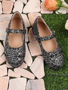 1 Pair Black Toddler/Little Girls' Silver Print Soft PU Leather Mary Jane Flats, Round Toe, Hook And Loop Strap, TPR Anti-Slip Sole, Bohemian Princess Casual Shoes, Suitable For 1-12 Years Old Students, Suitable For Parties, Dancing, Daily Wear In Spring, Autumn And All Seasons
