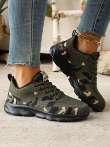 Women's Solid Color Mesh Camouflage Lace-Up Casual Sneakers, Versatile And Lightweight For All Seasons
