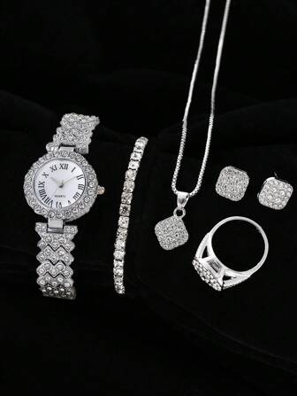 6 件/套时尚奢华水钻不锈钢表带女士石英表 + 项链 + 手链 + 戒指 + 耳环套装