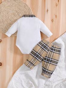 2 件套格子图案刺绣泰迪熊下摆二合一紧身衣 + 格子裤，学院风，秋季/春季 - 卡其色 - 查看 2