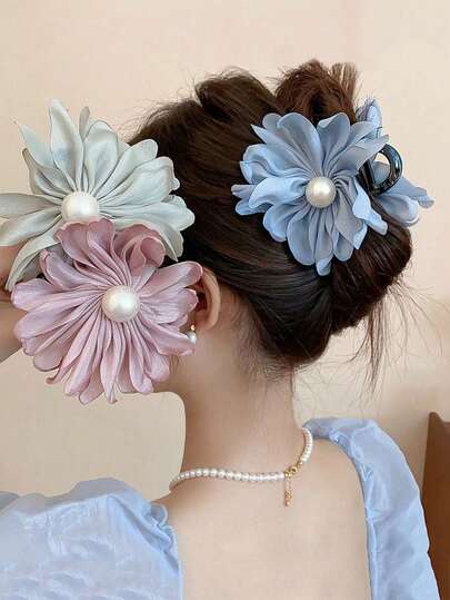 1件装女士纯色布艺超大玫瑰花发夹，优雅珍珠装饰发髻夹，适合优雅甜美的校园、派对、舞蹈、日常搭配发饰，优雅发爪，女士爪夹，秋冬季度假装扮必备，夏季海滩假日必备