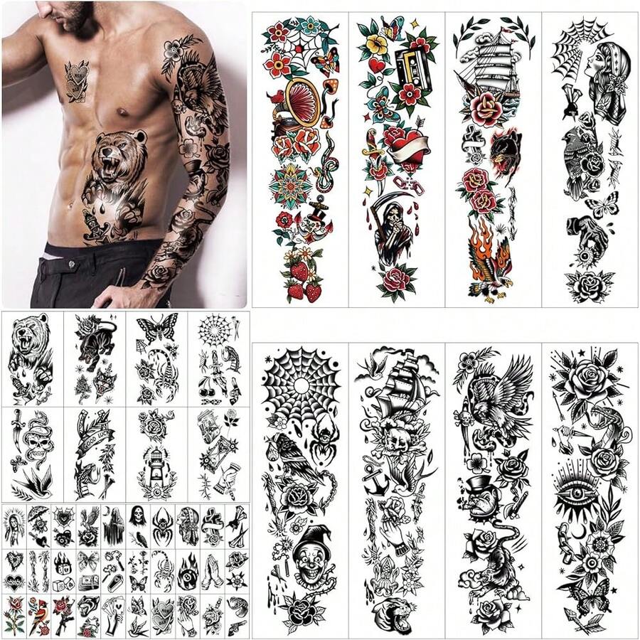 New 48 Waterproof Temporary Tattoos For Alt, Patchwork Temporary Tattoos For Men Women, American Ol School Fll Arm Fake Tattoos, Realistic Traitional Flower Animal Half Arm Tattoo - Patchwork - View 1