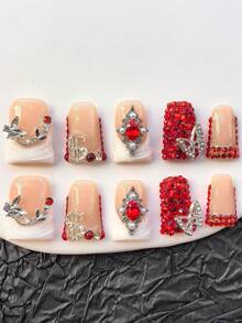 Y2K 10片装手工按压式美甲，华丽宫廷风格，整体优雅时尚的鸭嘴型假指甲，镶嵌耀眼装饰和闪亮蝴蝶，适合商务场合和舞会[红色] 美甲用品 - 紅色 - 查看 3