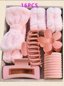 16pcs Pink Wave Shape Elegant Solid Padded Headband Wrist Band Plush Scrunchie Flower Hair Clip Pink Accessories Creative Polyester Facial Makeup Headband & Wrist Wash Band Set For Bathroom Back To School - Multicolor - View 3