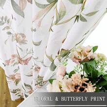 Floral Sheer Tier Curtain Taupe Cherry Flower Butterfly Print Half Curtains Kitchen Rod Pocket Voile Linen Look White Sheer Curtain For Bathroom, 30 X 36 Inches Long, Set Of 2 Panels - 彩色 - 查看 6