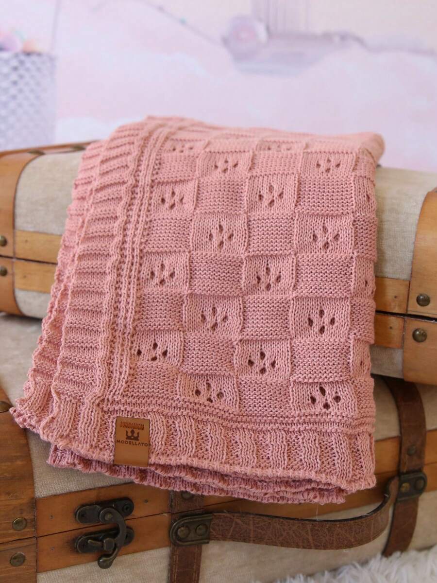 Baby Blanket Knitted Blanket Warm Maternity Outing Square Holes - Màu hồng gỉ - Xem 1