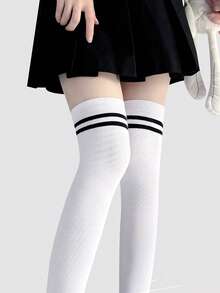 1/2/3双装女士针织过膝长袜，条纹紧身过膝长袜，保暖舒适，适合日常穿着、角色扮演、Y2K风格等场合。 - 白色 - 查看 3