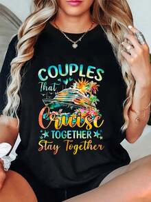100% Cotton That Cruise Together Stay Together Husband Wife Couples T-Shirt Women's Men's Oversized Comfort Soft Crew Neck Tee Tops - 黑色 - 查看 1