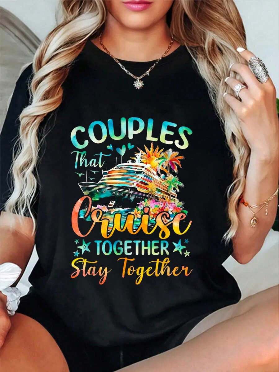 100% Cotton That Cruise Together Stay Together Husband Wife Couples T-Shirt Women's Men's Oversized Comfort Soft Crew Neck Tee Tops - 黑色 - 查看 1