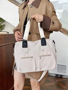 女士简约百搭纯色多口袋托特包，学院风大容量度假返校学生手提包，轻便休闲户外旅行购物单肩包，日常工作商务通勤斜挎包