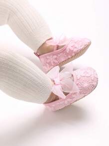 春秋季婴儿鞋，可爱女婴学步鞋，0-12个月柔软蝴蝶结生日派对礼服鞋 - 粉色 - 查看 1
