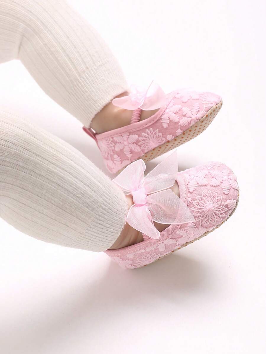 春秋季婴儿鞋，可爱女婴学步鞋，0-12个月柔软蝴蝶结生日派对礼服鞋 - 粉色 - 查看 1