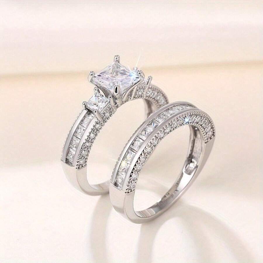 Set de 2 anillos con forma cuadrada, anillos clásicos de moda para mujer, adecuados como regalo de cumpleaños, regalo festivo, regalo de lujo para la novia, para fiestas y uso diario
