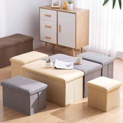 1pc Linen Foldable Storage Stool For Shoe Change, Large Capacity Storage Stool For Shoe Change, Can Sit On The Storage Box Sofa Stool, Multi-Purpose Storage Stool