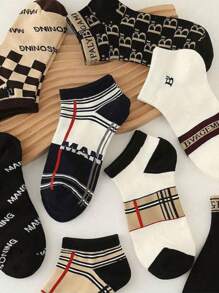 5/10 Pairs Ladies Short Socks With Letter & Stripe Pattern, Lightweight Luxury French Vintage Fashionable Versatile, Spring/Summer