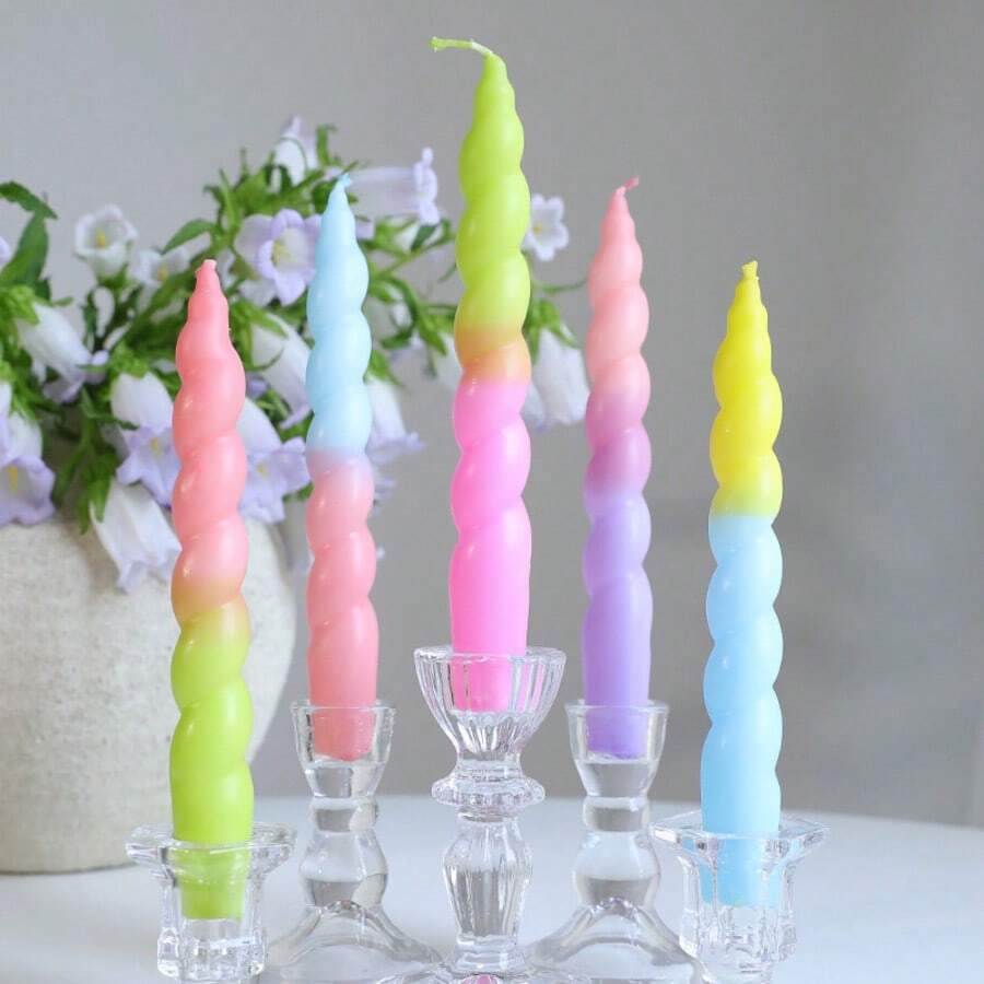 2PCS Colorful Spiral Taper Candles – Decorative Twisted Candles; Exquisite Home Accents For Bedrooms, Living Rooms, Dining Tables, And Parties. - Multicolor - View 1