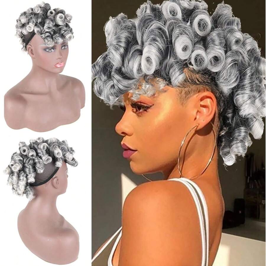 Deep Curl Mohawk Wig With Bangs For  Short Mix Gray Hair Wig, Afro Faux Hawk Clip In Hair Pieces For Women With Thinning Hair Wig Clip On Faux Bangs Fake Hair Ponytail (1B/Gray) - Blue Gray - View 1