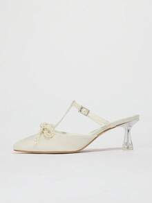 Women Polka Dot Bow High Heel Sandal - Pointed Toe Slip-On Party Shoe, Beige Hollow-Out Design, Fashionable & Comfortable, Suitable For Activities And Casual Outings, Casual High Heels | Unique Bow Design | Bow Decoration