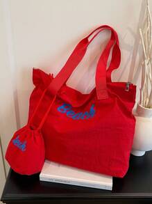 Two - Piece Set,A Lightweight And Spacious Women's Fashion Tote Bag Made Of Fabric, Featuring Large Letter Decorations, With An Attached Drawstring Coin Purse. Ideal For Weekend Trips And Daily Shopping.
