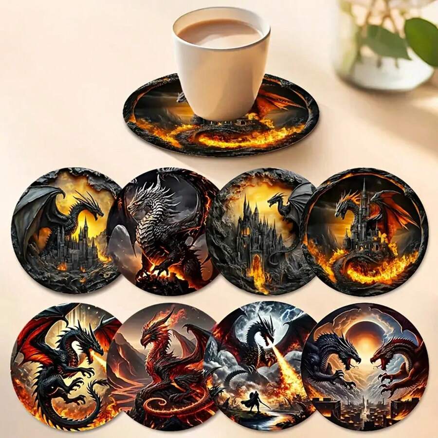 8pcs/Set Vintage Dragon Shaped Wooden Coasters, Heat Resistant Decorative Coffee & Tea Cup Mat, Perfect Gift For Home, Restaurant, Housewarming, Parents & Friends, 200 Sets/1600pcs - Multicolor - View 1