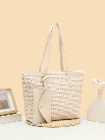 1 pieza Bolso de hombro de gran capacidad, bolso de playa, bolsa de paja, mochila de compras, tote para mujer, Bolso bandolera de mujer beige con empalme de PU, Tote de vacaciones de moda minimalista