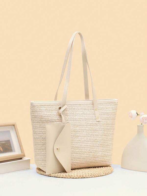 1 pieza Bolso de hombro de gran capacidad, bolso de playa, bolsa de paja, mochila de compras, tote para mujer, Bolso bandolera de mujer beige con empalme de PU, Tote de vacaciones de moda minimalista