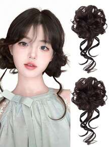 龙须双丸子头合成假发花苞头仿真发圈自然蓬松慵懒神器可爱卷发假发包、发圈、发饰、马尾夹、发圈、发橡皮筋