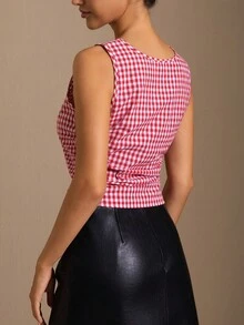 1 pieza Chaleco casual de mujer con cuello redondo, cierre de cremallera y plisado a cuadros, apto para todas las estaciones