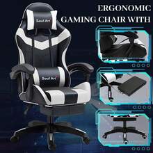 Ergonomic Gaming Chair With Massage Lumbar Support - Adjustable Office Chair & Reclining Computer Desk Chair, High Back Racing Style Silla Gamer With Footrest (Black/White)
