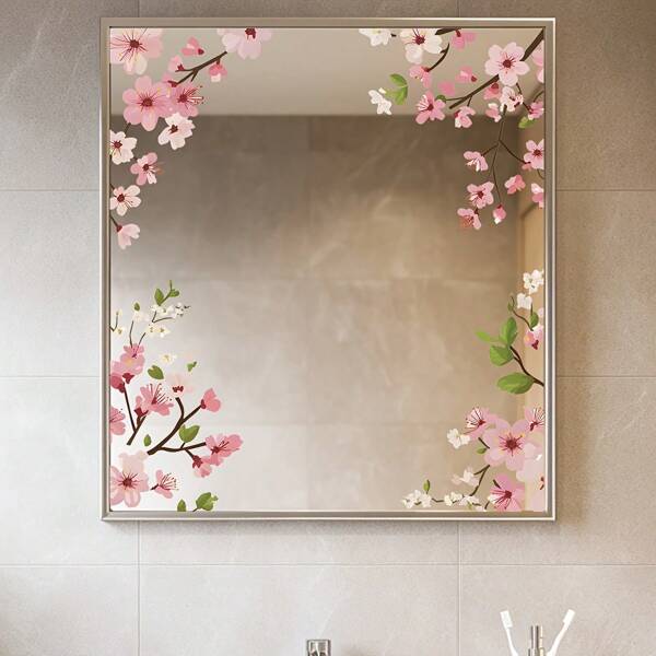 1 pieza Pegatina de vidrio de Sakura: Decoración floral moderna de PVC autoadhesivo, diseño de flor rosa semimate extraíble para espejos de baño, azulejos, tocadores - Decoración del hogar de fantasía, decoración de espejos, decoración elegante, fácil de aplicar, decoración de baño de cerezo