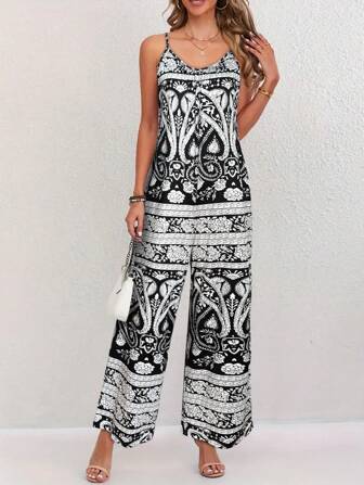 女士露背系带长款印花连体裤 - 无袖连体裤，适合夏季穿着，也适合度假、日常穿着和休闲夏季装扮